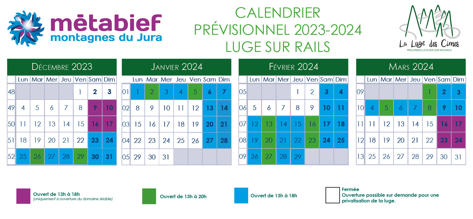 Calendrier prévisionnel des ouvertures luge sur rails - Saison hiver 2023-2024