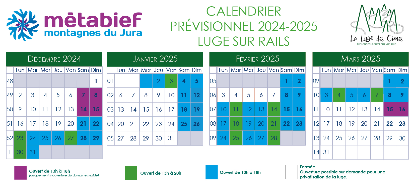 Calendrier prévisionnel des ouvertures luge sur rails - Saison hiver 2024-2025